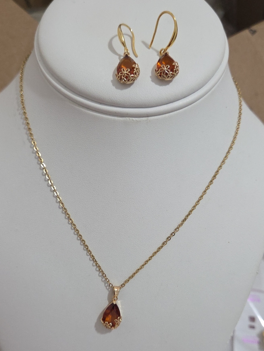 14k Laminated Gold Teardrop Amber Crystal Necklace & Earrings Set